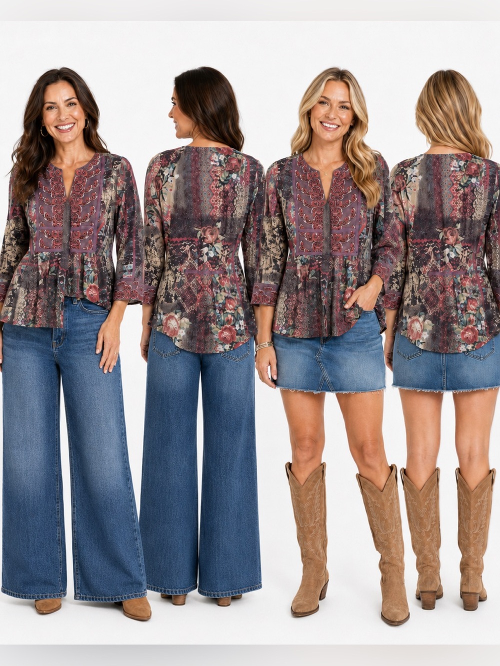 🆕 Coldwater Creek Vibrant Boho emboridery tunic pink brown 3/4 sleeve with lace